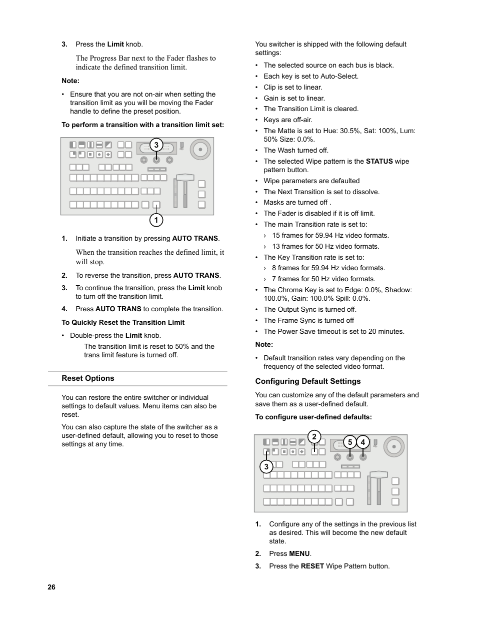 To quickly reset the transition limit, Reset options, Configuring default settings | To configure user-defined defaults | JVC KM-H3000E User Manual | Page 32 / 56