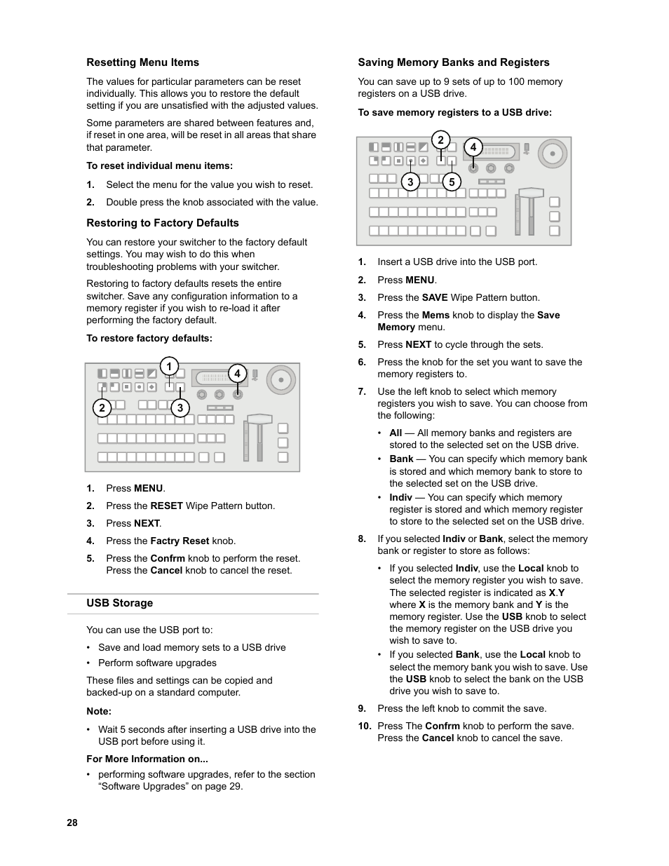 Resetting menu items, To reset individual menu items, Restoring to factory defaults | To restore factory defaults, Usb storage, Saving memory banks and registers, To save memory registers to a usb drive | JVC KM-H3000E User Manual | Page 34 / 56