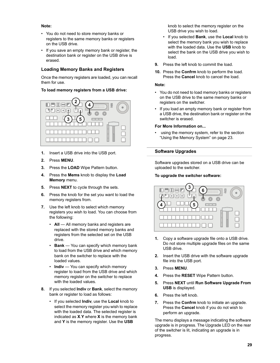 Loading memory banks and registers, To load memory registers from a usb drive, Software upgrades | To upgrade the switcher software | JVC KM-H3000E User Manual | Page 35 / 56