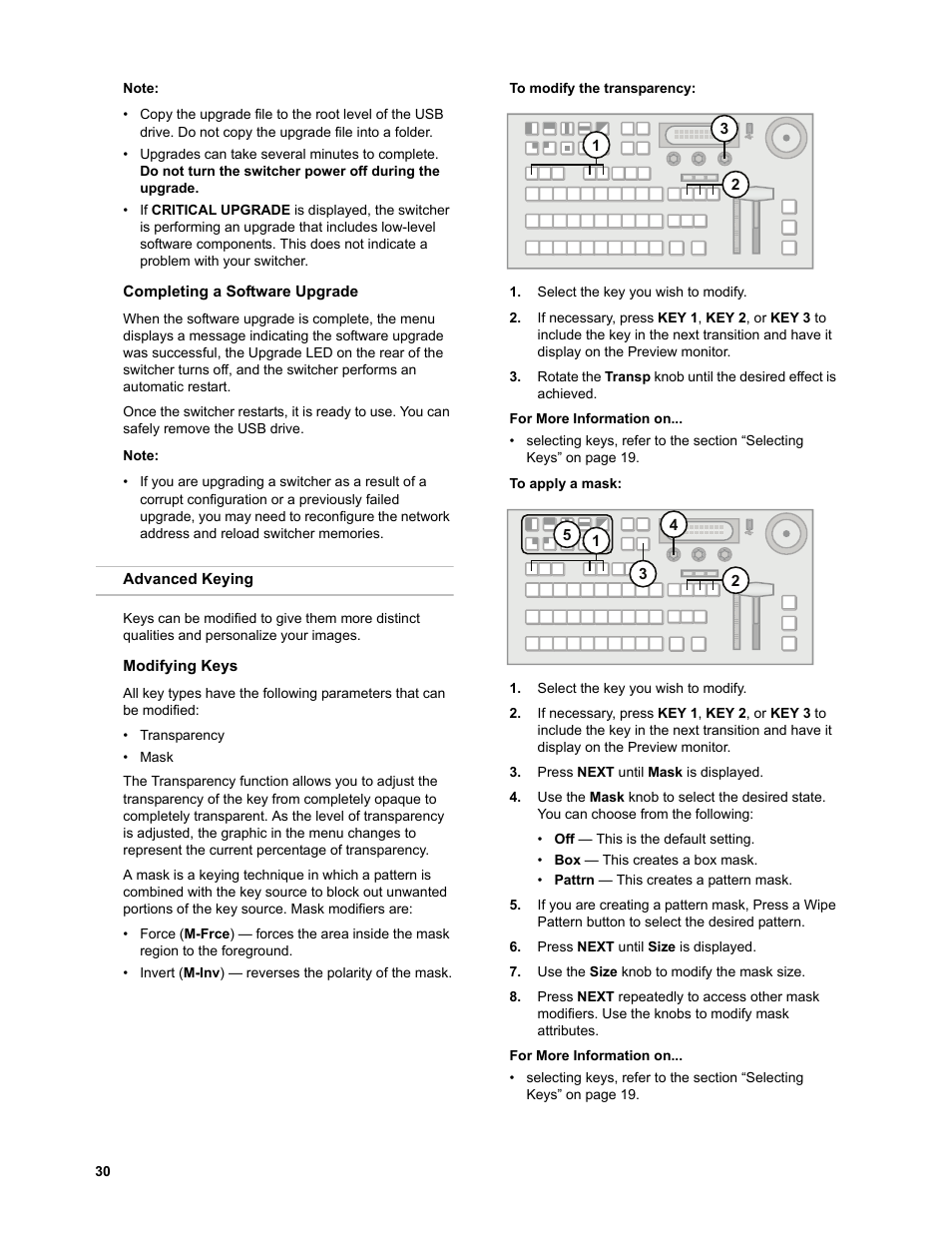 Completing a software upgrade, Advanced keying, Modifying keys | To modify the transparency, To apply a mask, Es, refer to | JVC KM-H3000E User Manual | Page 36 / 56