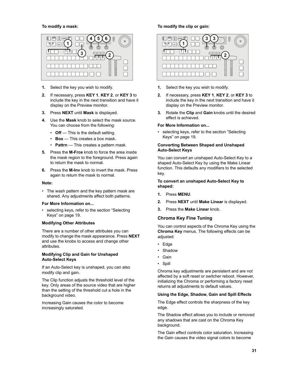 To modify a mask, Modifying other attributes, To modify the clip or gain | To convert an unshaped auto-select key to shaped, Chroma key fine tuning, Using the edge, shadow, gain and spill effects, Gs, refer to the | JVC KM-H3000E User Manual | Page 37 / 56