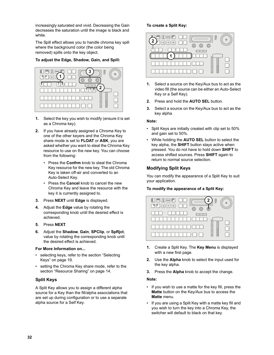 To adjust the edge, shadow, gain, and spill, Split keys, To create a split key | Modifying split keys, To modify the appearance of a split key | JVC KM-H3000E User Manual | Page 38 / 56