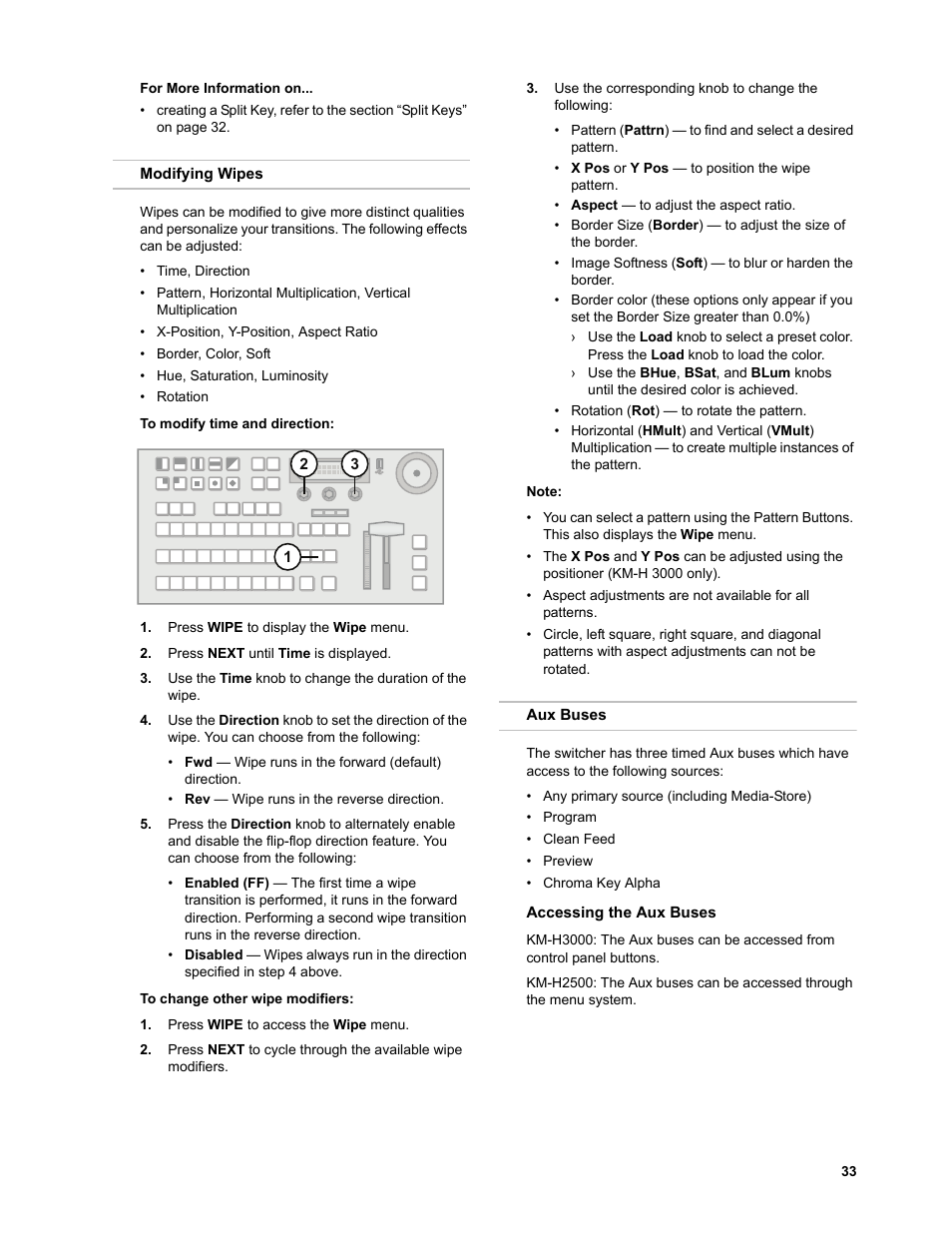 Modifying wipes, To modify time and direction, To change other wipe modifiers | Aux buses, Accessing the aux buses, Modifying wipes aux buses | JVC KM-H3000E User Manual | Page 39 / 56