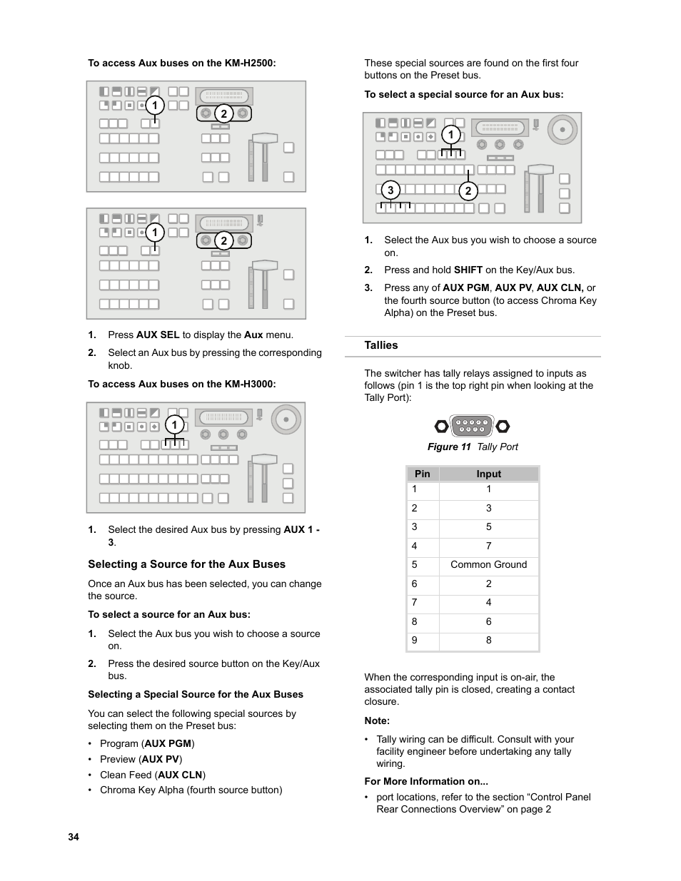 To access aux buses on the km-h2500, To access aux buses on the km-h3000, Selecting a source for the aux buses | To select a source for an aux bus, Selecting a special source for the aux buses, To select a special source for an aux bus, Tallies | JVC KM-H3000E User Manual | Page 40 / 56