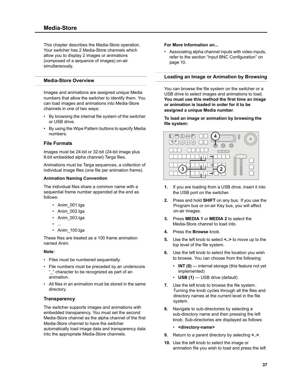 Media-store, Media-store overview, File formats | Animation naming convention, Transparency, Loading an image or animation by browsing | JVC KM-H3000E User Manual | Page 43 / 56