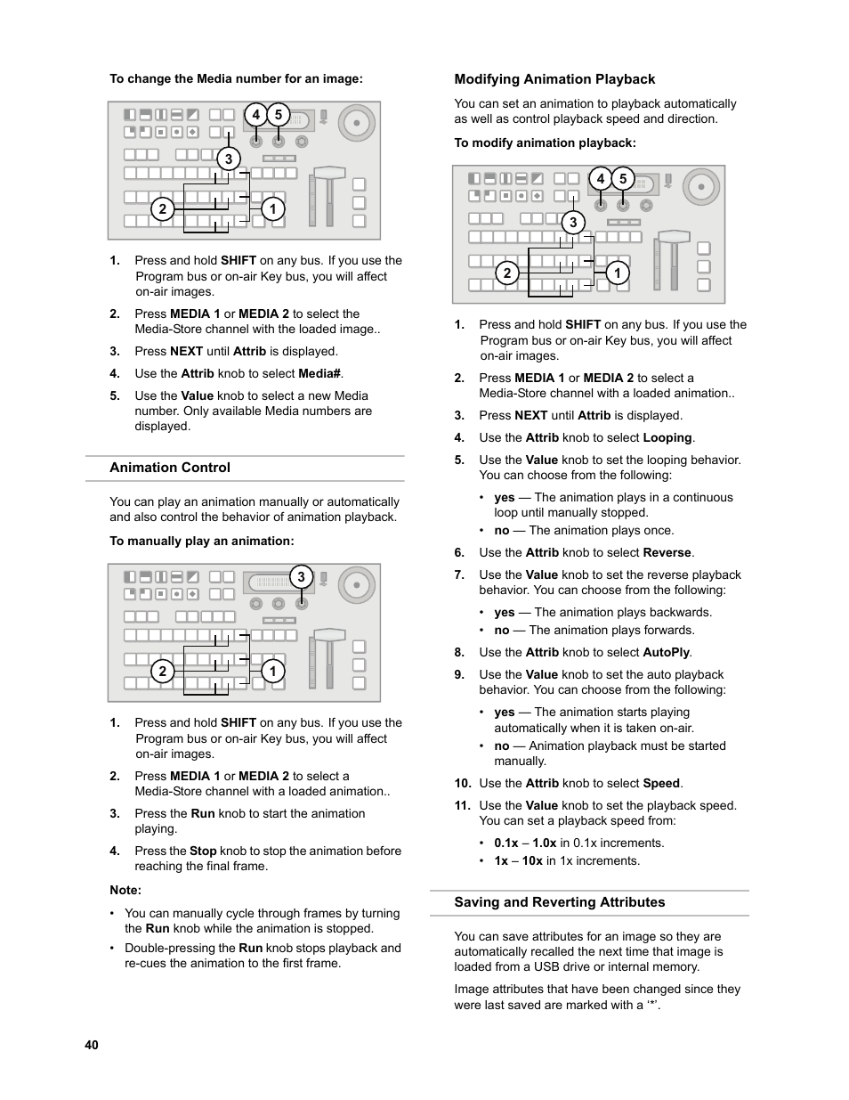 To change the media number for an image, Animation control, To manually play an animation | Modifying animation playback, To modify animation playback, Saving and reverting attributes, Animation control saving and reverting attributes | JVC KM-H3000E User Manual | Page 46 / 56