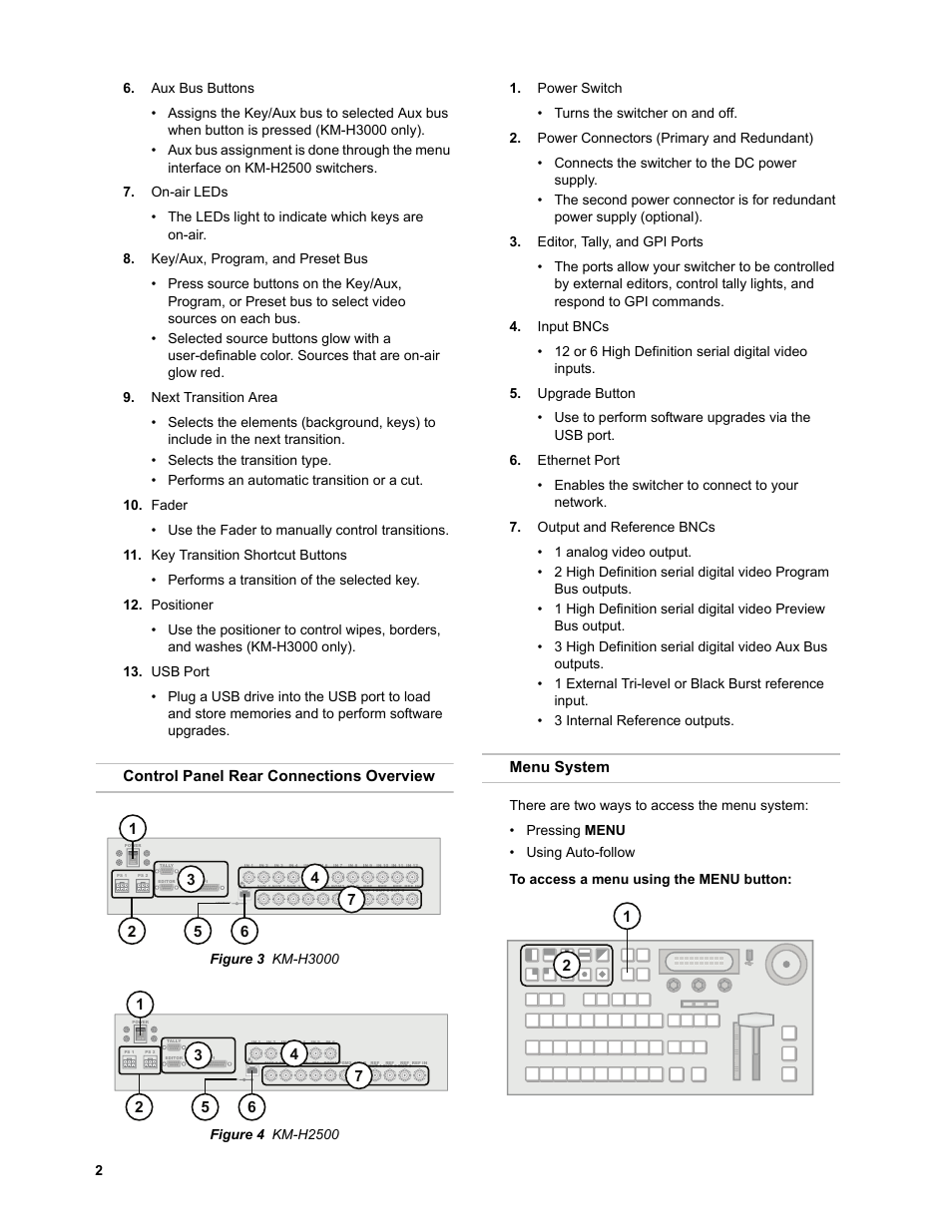 Control panel rear connections overview, Menu system, To access a menu using the menu button | JVC KM-H3000E User Manual | Page 8 / 56