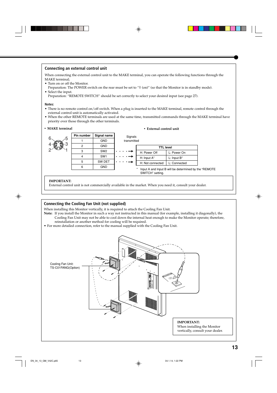 Connecting an external control unit, Connecting the cooling fan unit (not supplied) | JVC LCT1616-001A User Manual | Page 14 / 43