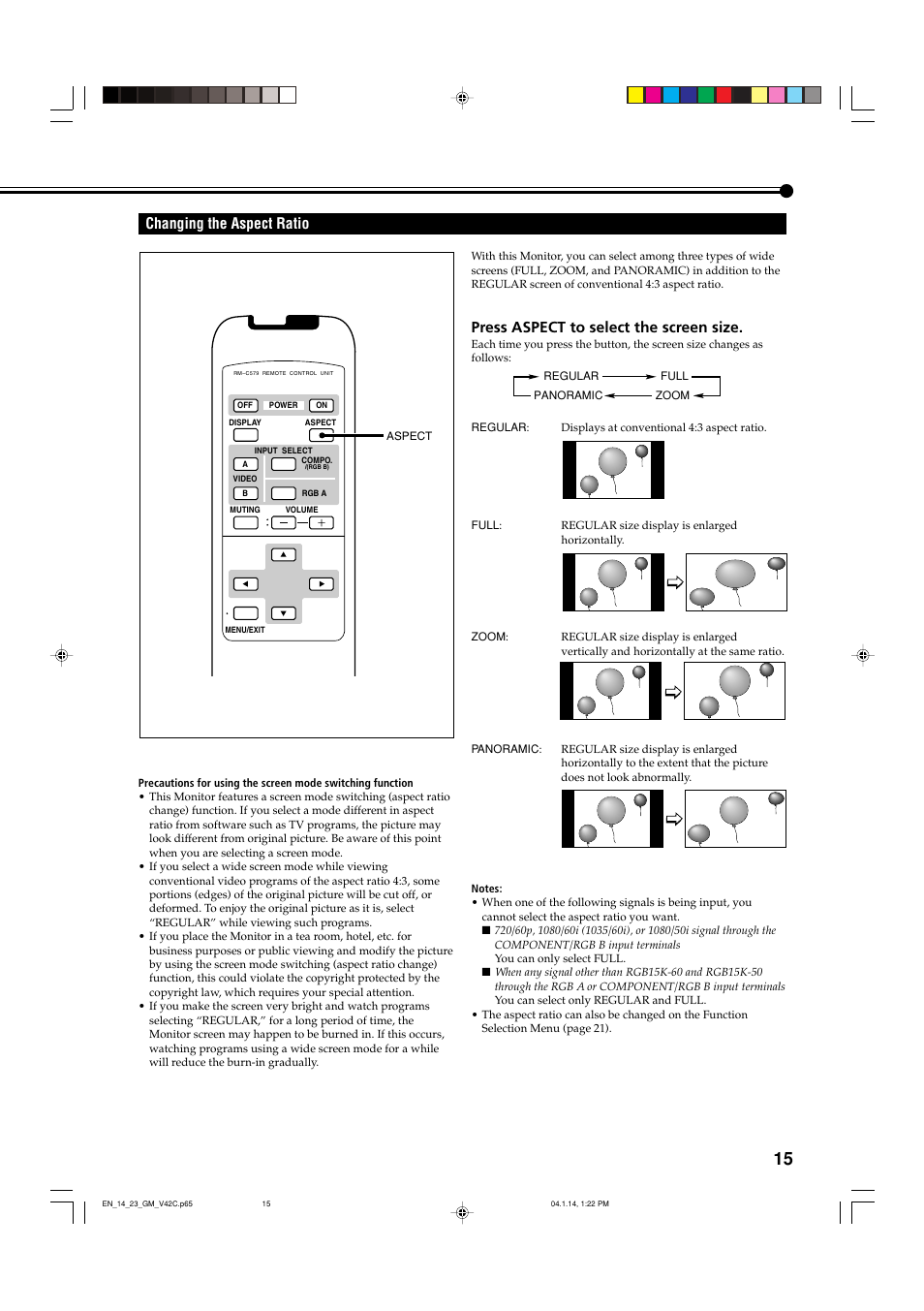 Changing the aspect ratio, Press aspect to select the screen size | JVC LCT1616-001A User Manual | Page 16 / 43