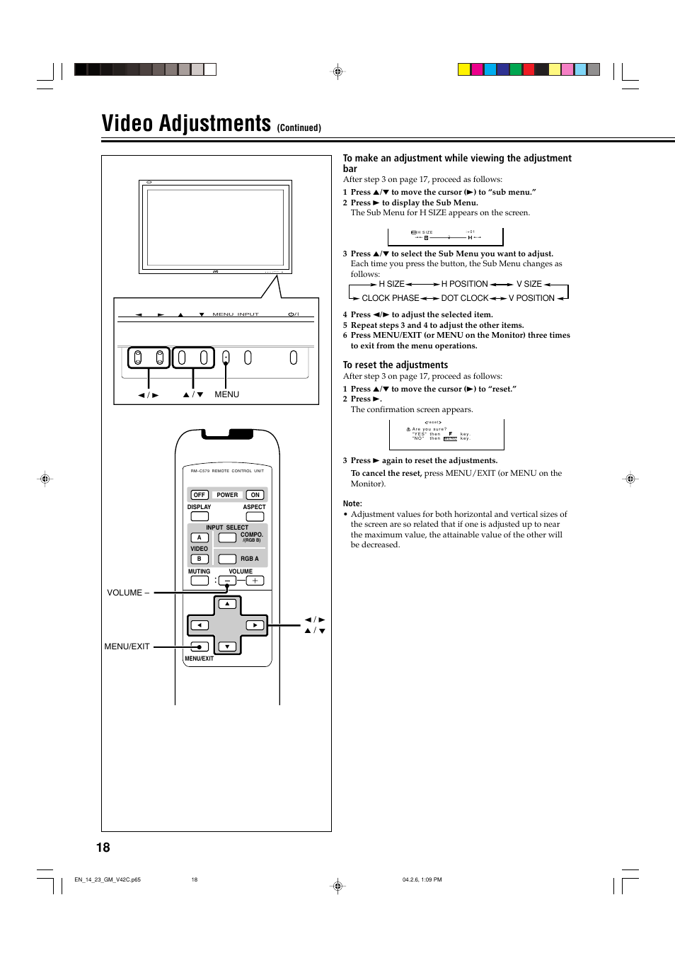 Video adjustments, Menu input | JVC LCT1616-001A User Manual | Page 19 / 43