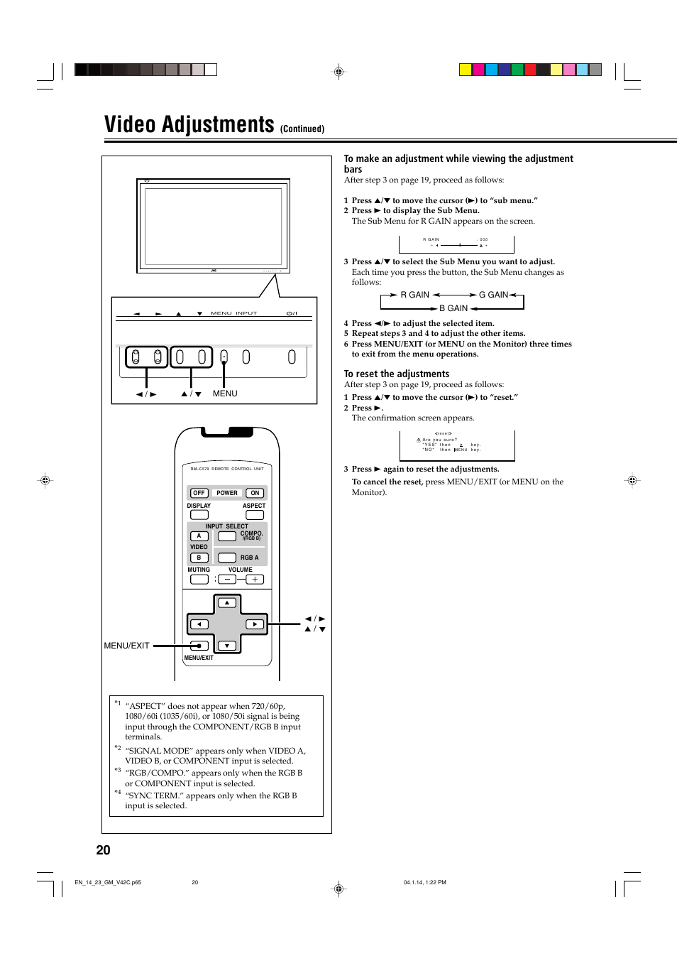 Video adjustments, Menu input | JVC LCT1616-001A User Manual | Page 21 / 43