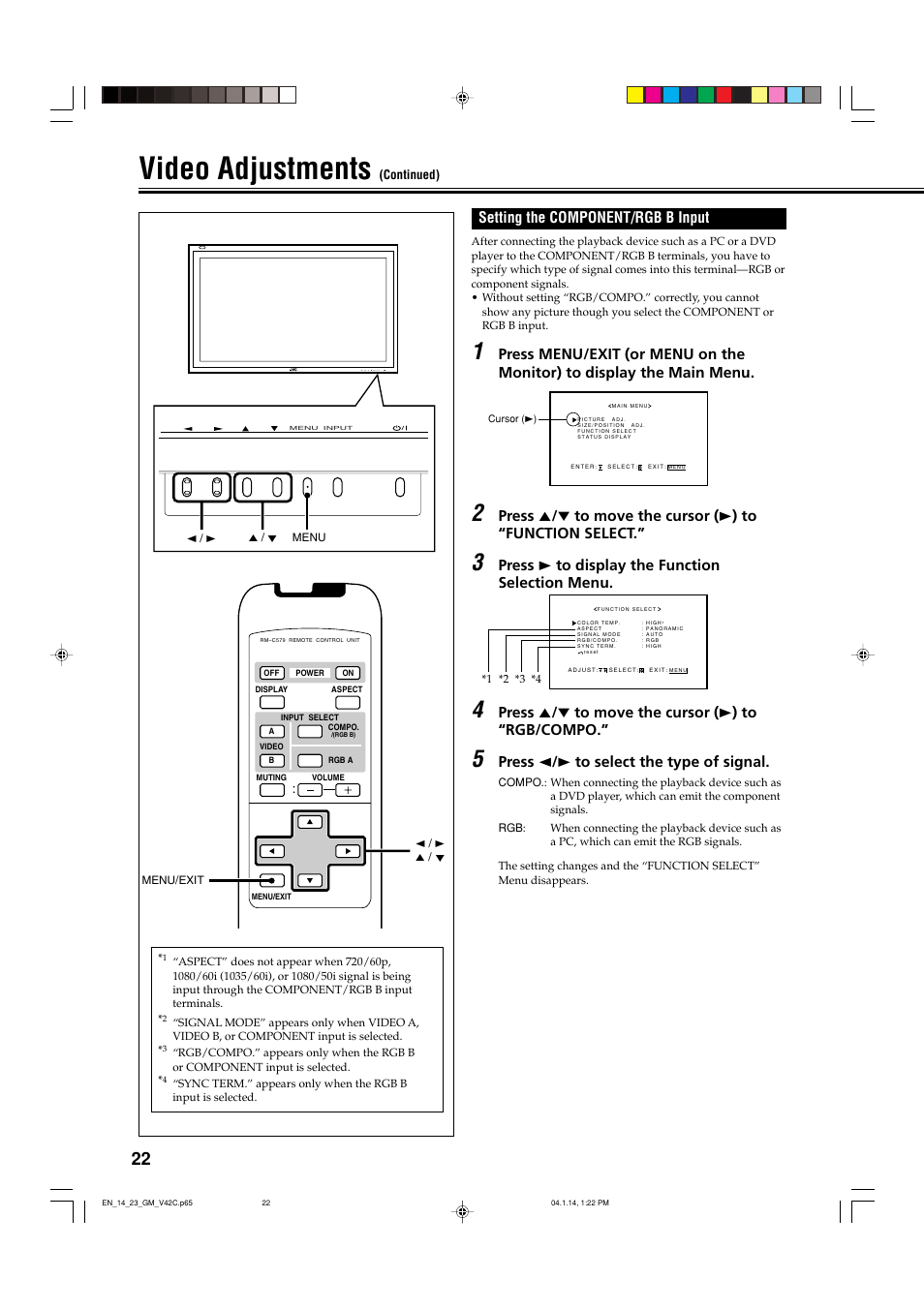 Setting the component/rgb b input, Video adjustments, Press 3 to display the function selection menu | Press 5 / ∞ to move the cursor ( 3 ) to “rgb/compo, Press 2 / 3 to select the type of signal | JVC LCT1616-001A User Manual | Page 23 / 43