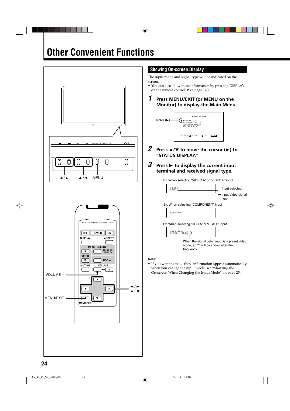 Other convenient functions, Showing on-screen display, Menu input | JVC LCT1616-001A User Manual | Page 25 / 43