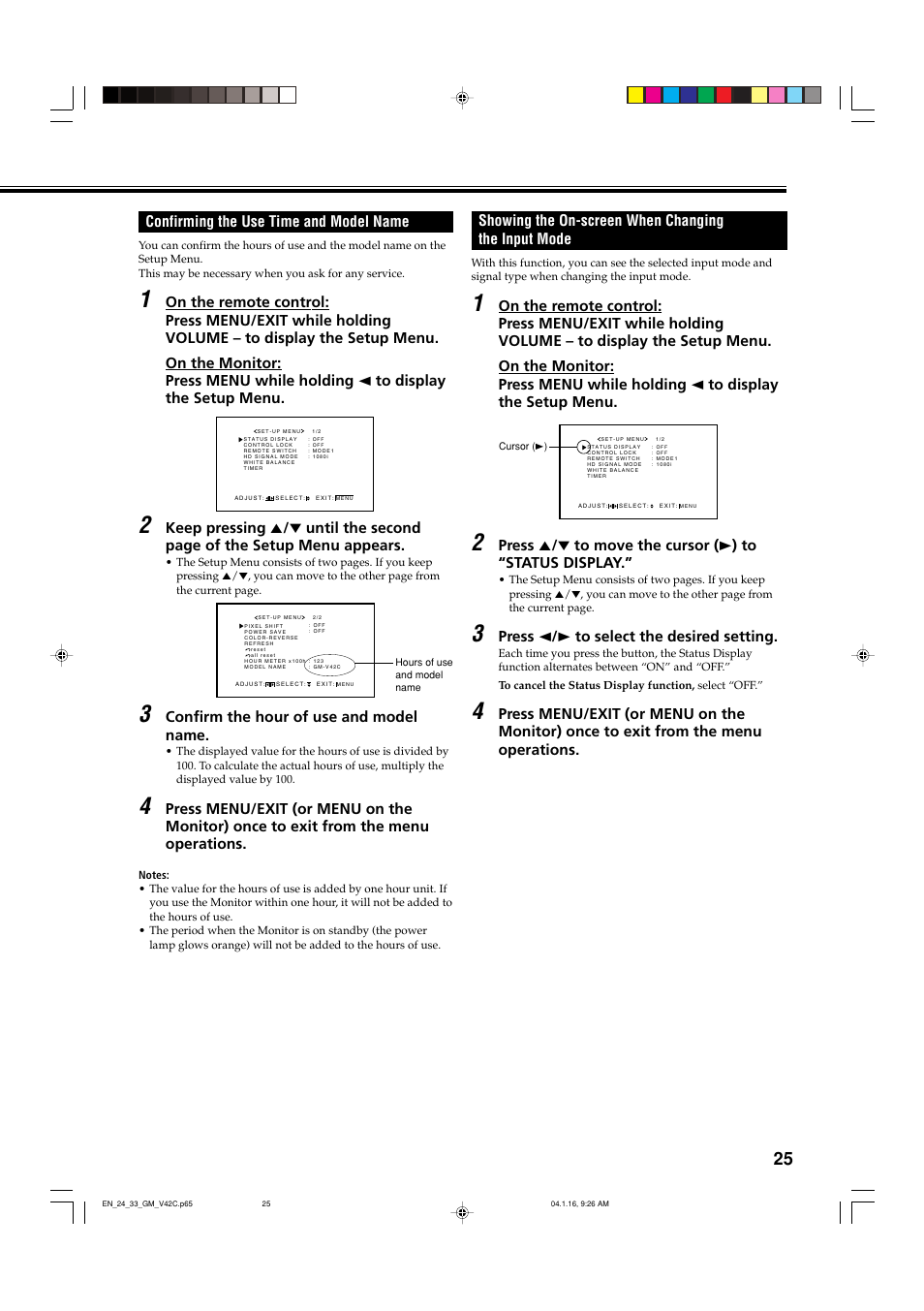 Confirming the use time and model name, Showing the on-screen when changing the input mode | JVC LCT1616-001A User Manual | Page 26 / 43