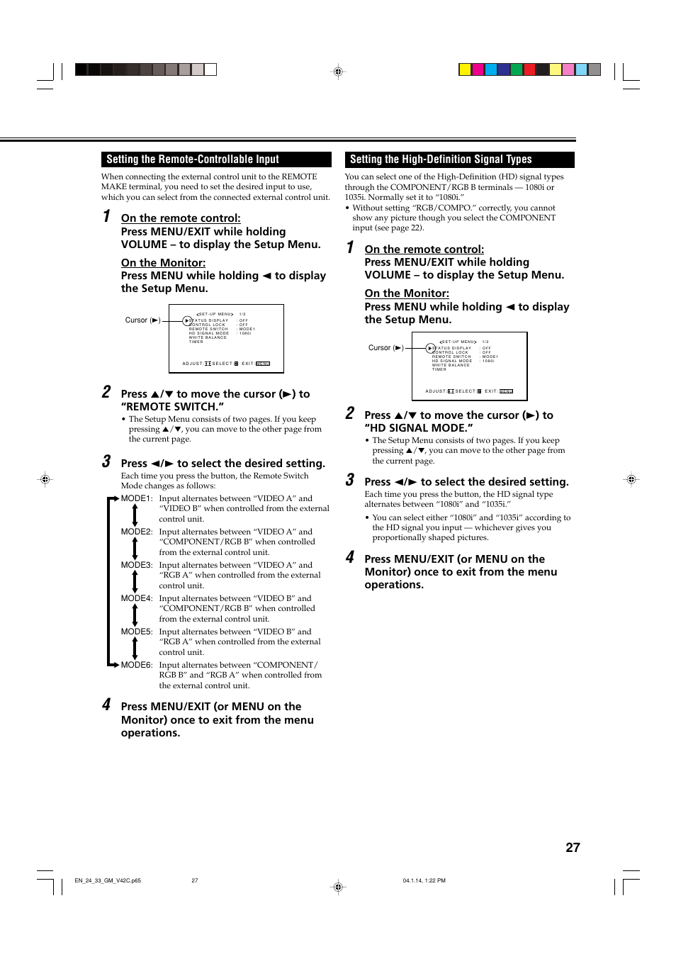 Setting the remote-controllable input, Setting the high-definition signal types | JVC LCT1616-001A User Manual | Page 28 / 43
