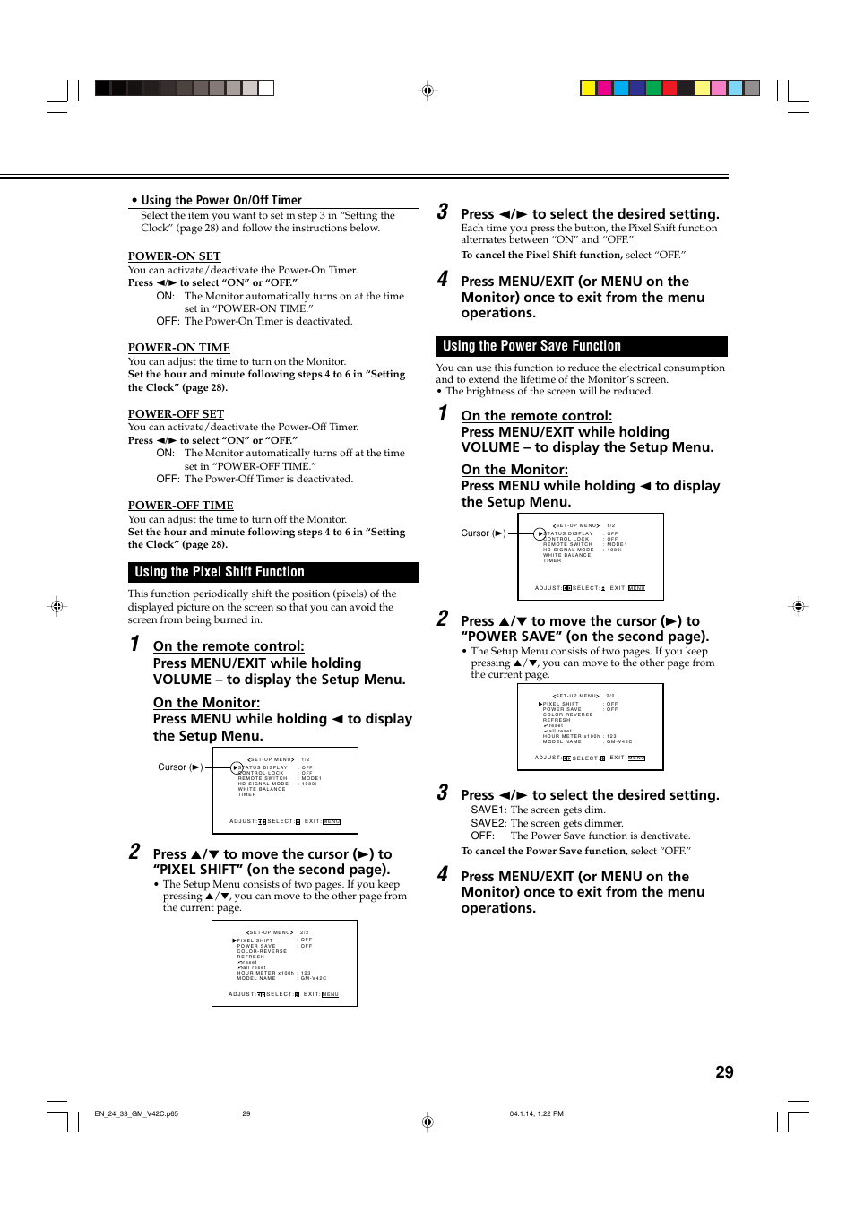 Using the pixel shift function, Using the power save function, Press 2 / 3 to select the desired setting | JVC LCT1616-001A User Manual | Page 30 / 43