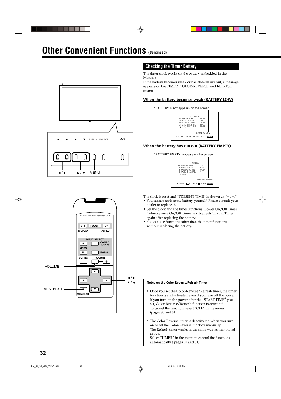 Checking the timer battery, Other convenient functions, Menu input | When the battery becomes weak (battery low), When the battery has run out (battery empty), Continued) | JVC LCT1616-001A User Manual | Page 33 / 43