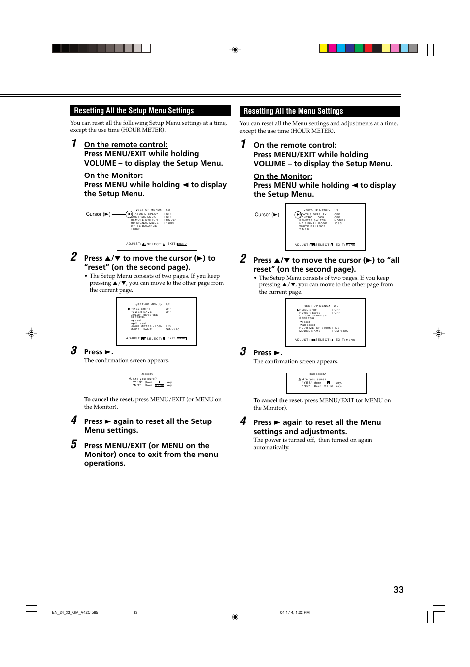Resetting all the setup menu settings, Resetting all the menu settings, Press 3 | Press 3 again to reset all the setup menu settings | JVC LCT1616-001A User Manual | Page 34 / 43