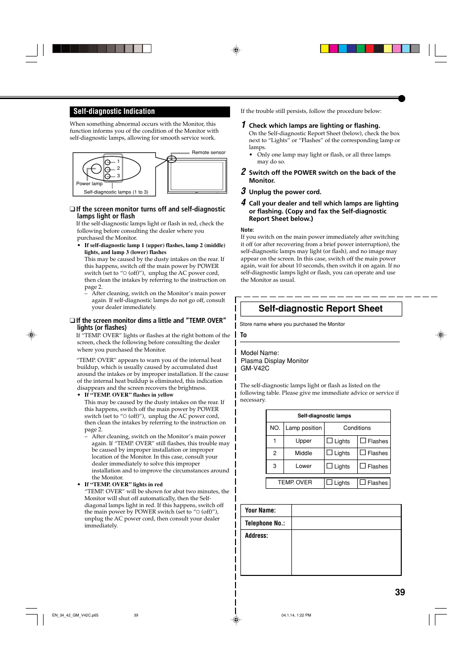 Self-diagnostic indication, Self-diagnostic report sheet | JVC LCT1616-001A User Manual | Page 40 / 43