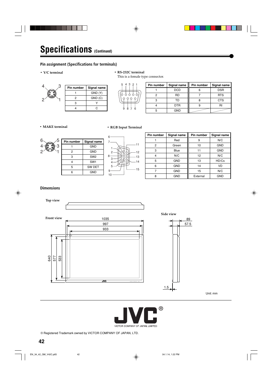 Specifications | JVC LCT1616-001A User Manual | Page 43 / 43