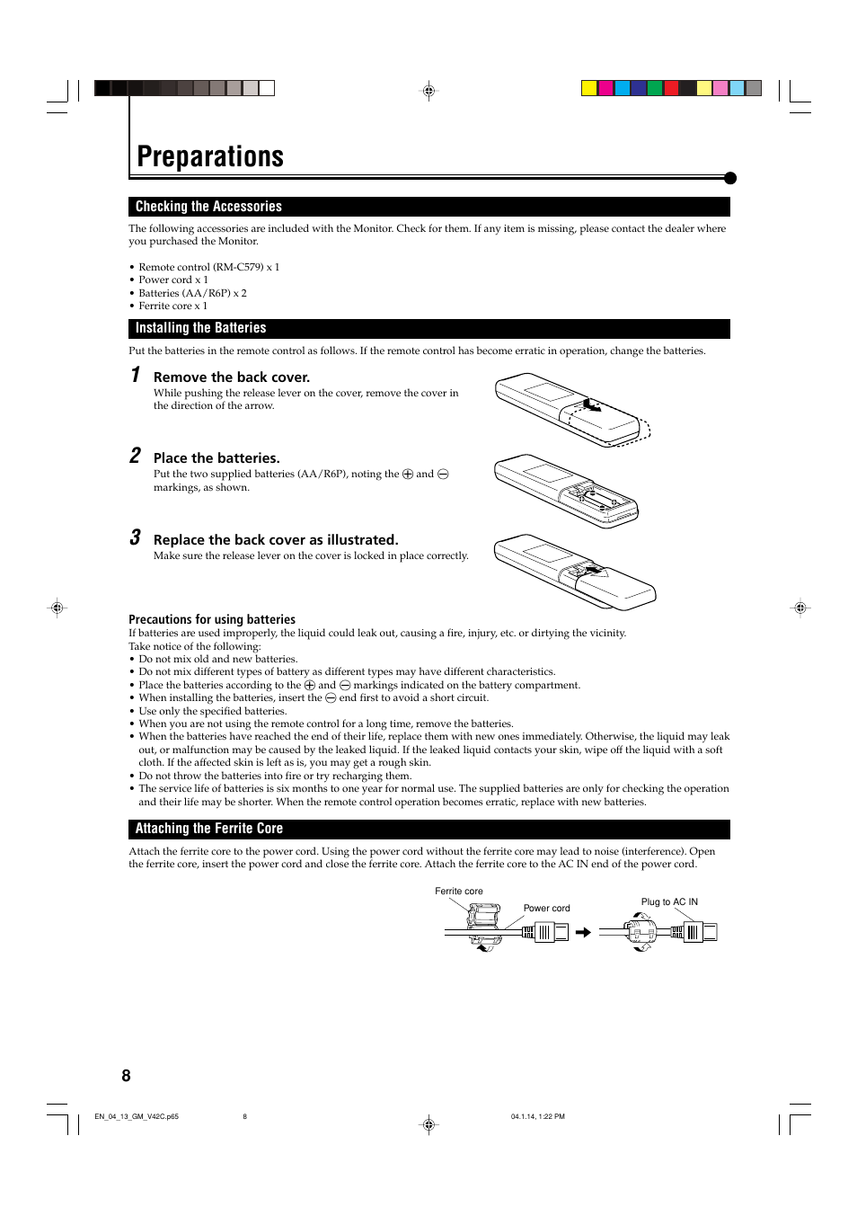 Preparations, Checking the accessories, Installing the batteries | Attaching the ferrite core | JVC LCT1616-001A User Manual | Page 9 / 43