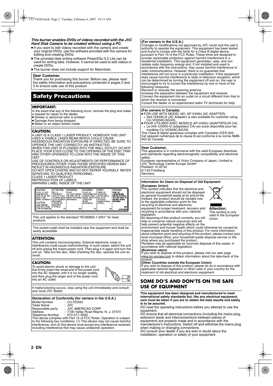 Safety precautions, Some do’s and don’ts on the safe use of equipment | JVC CU-VD20AS User Manual | Page 2 / 9