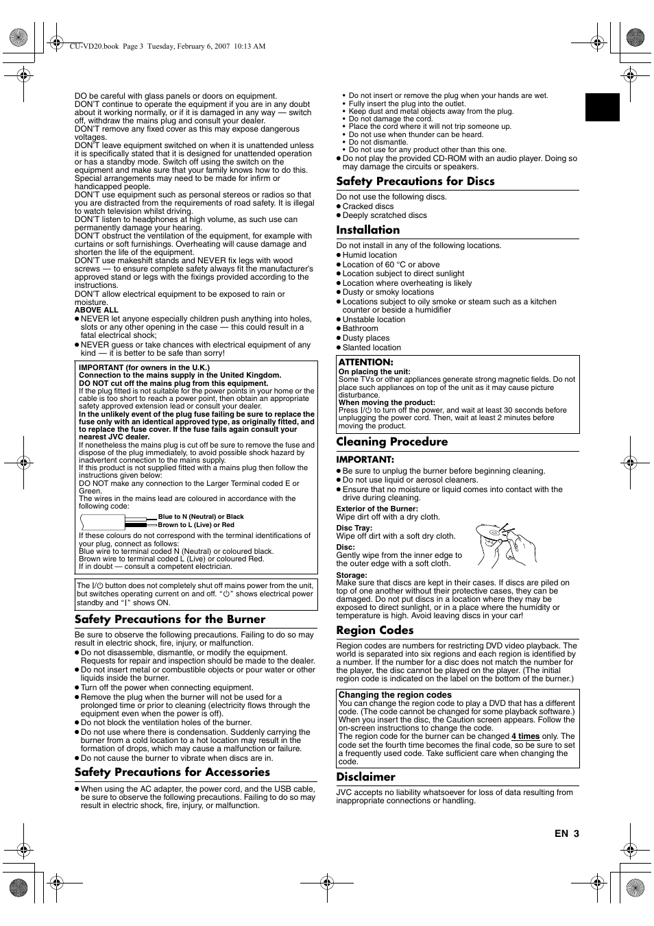 Safety precautions for the burner, Safety precautions for accessories, Safety precautions for discs | Installation, Cleaning procedure, Region codes, Disclaimer | JVC CU-VD20AS User Manual | Page 3 / 9