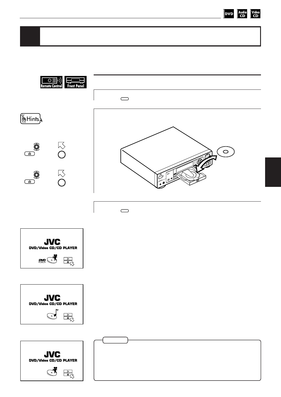 Inserting and removing discs, Press, Place the disc in the tray | JVC XV-501BK User Manual | Page 31 / 104