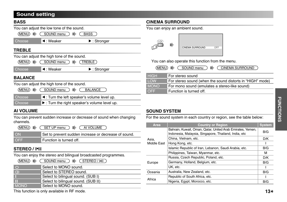 Sound setting, Bass, Treble | Balance, Ai volume, Stereo / i■ii, Cinema surround, Sound system | JVC LT-32EX17 User Manual | Page 13 / 20
