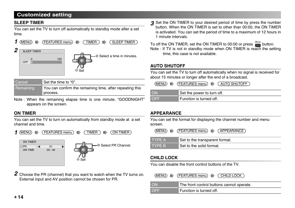 Customized setting, Sleep timer, On timer | Auto shutoff, Appearance, Child lock | JVC LT-32EX17 User Manual | Page 14 / 20