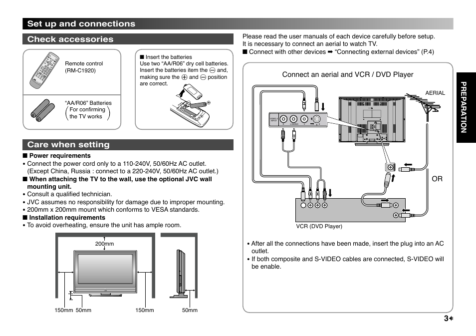 Set up and connections, Check accessories, Care when setting | JVC LT-32EX17 User Manual | Page 3 / 20