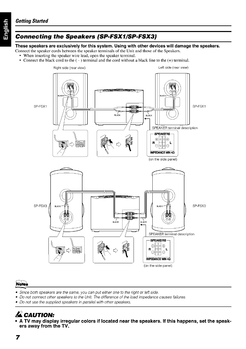 Connecting the speakers (sp-fsx1/sp-fsx3), H caution | JVC FS-X 3 User Manual | Page 10 / 33