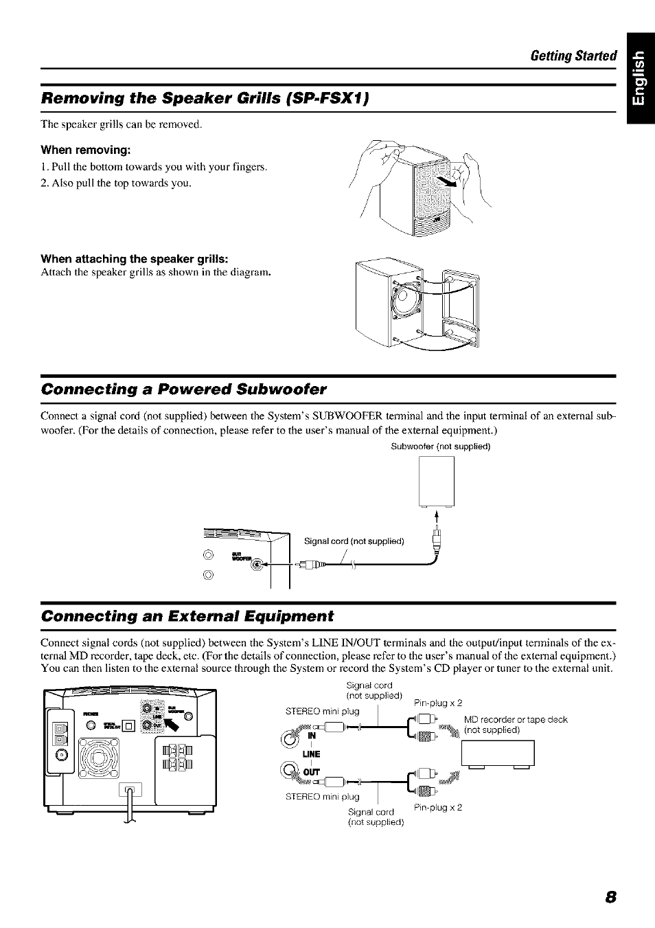 Removing the speaker grills (sp-fsx1), When removing, When attaching the speaker grills | Connecting a powered subwoofer, Connecting an external equipment | JVC FS-X 3 User Manual | Page 11 / 33
