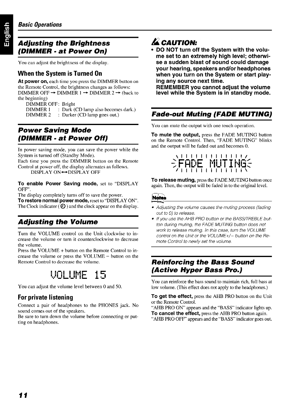 Adjusting the brightness (dimmer - at power on), When the system is turned on, Power saving mode (dimmer - at power off) | To enable power saving mode, set to “display off, Adjusting the voiume, For private listening, M caution, Fade-out muting (fade muting) | JVC FS-X 3 User Manual | Page 14 / 33