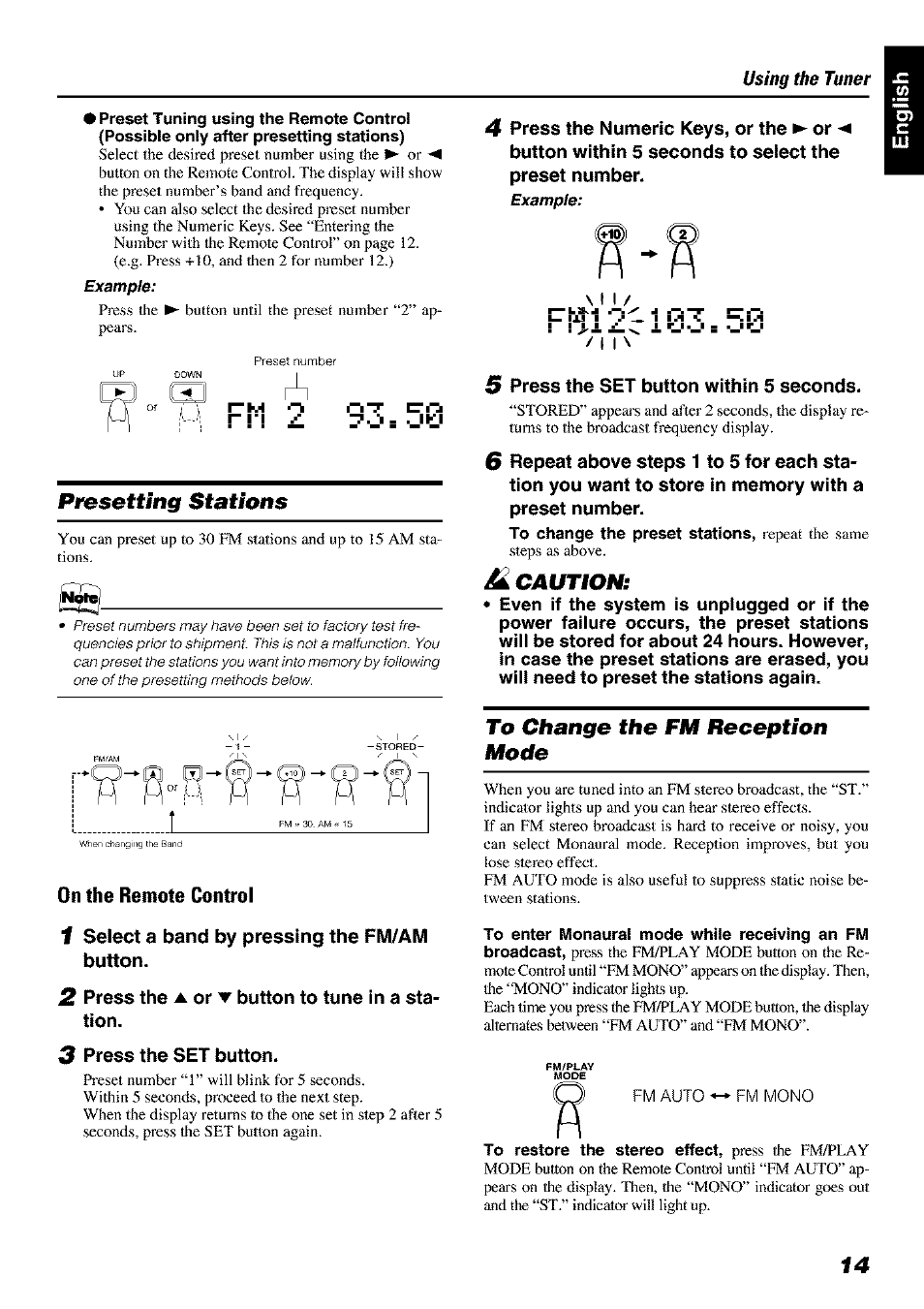 Presetting stations, Caution, To change the fm reception mode | JVC FS-X 3 User Manual | Page 17 / 33