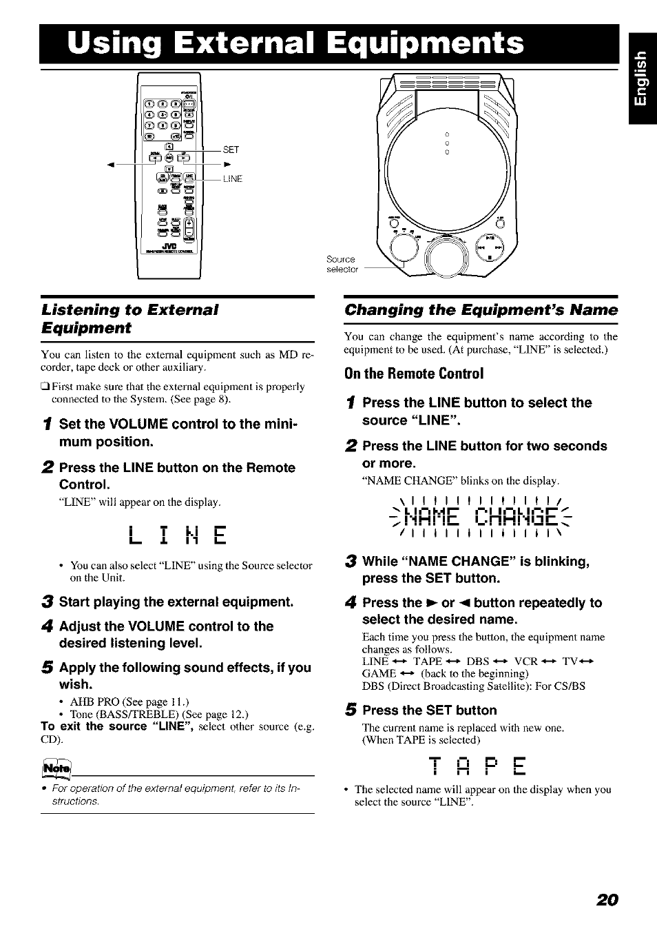 Using external equipments, Listening to external equipment, Changing the equipment’s name | Using externai equipments | JVC FS-X 3 User Manual | Page 23 / 33