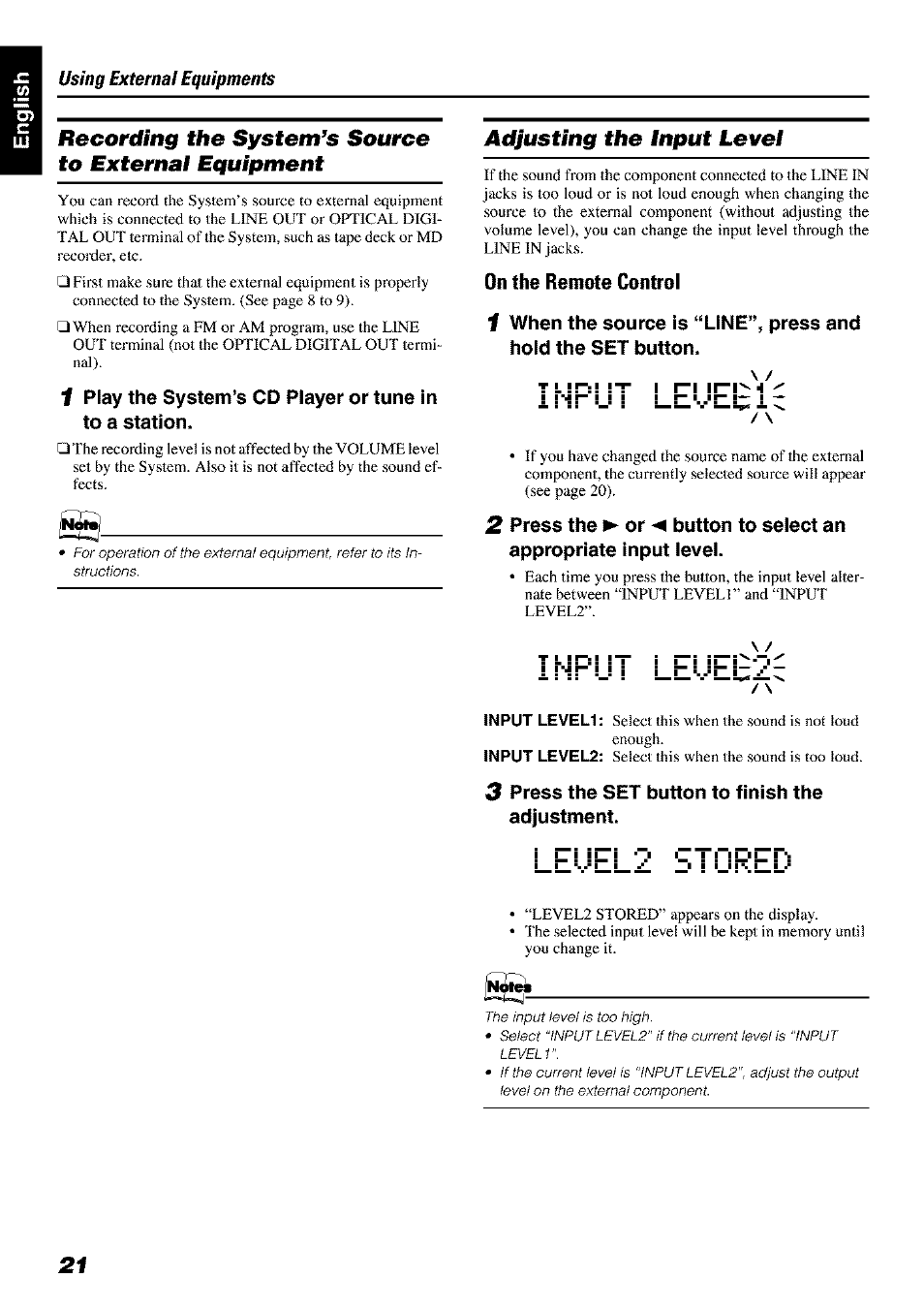 Adjusting the input level, On the remote control, S press the set button to finish the adjustment | JVC FS-X 3 User Manual | Page 24 / 33