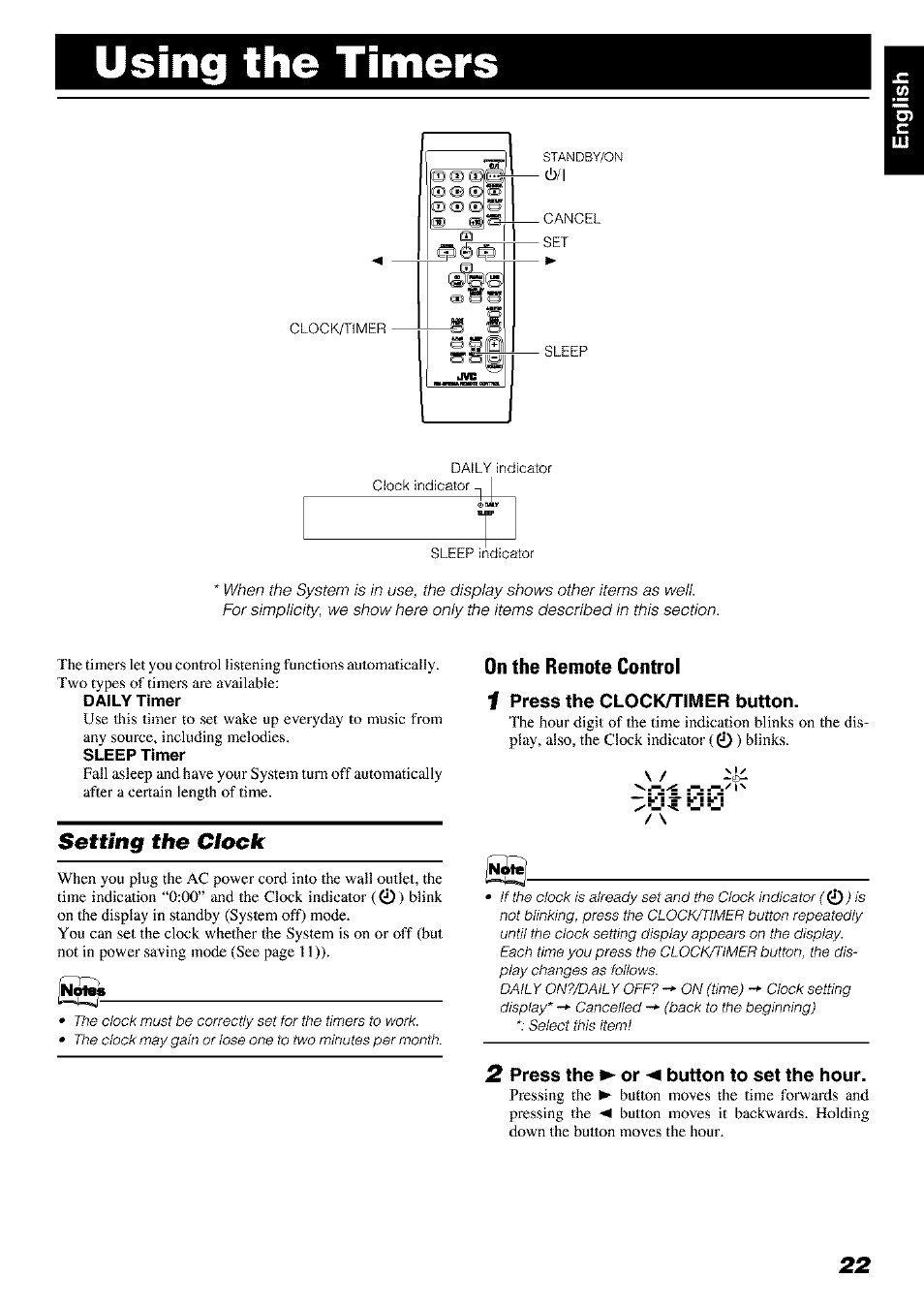 Using the timers, Setting the clock, 2 press the ► or button to set the hour | JVC FS-X 3 User Manual | Page 25 / 33