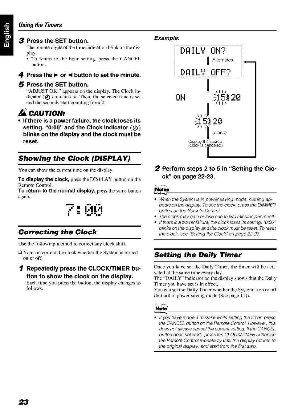 Cautions, Showing the clock (display), Correcting the clock | Setting the daily timer, Coitecting the clock, Daily | JVC FS-X 3 User Manual | Page 26 / 33