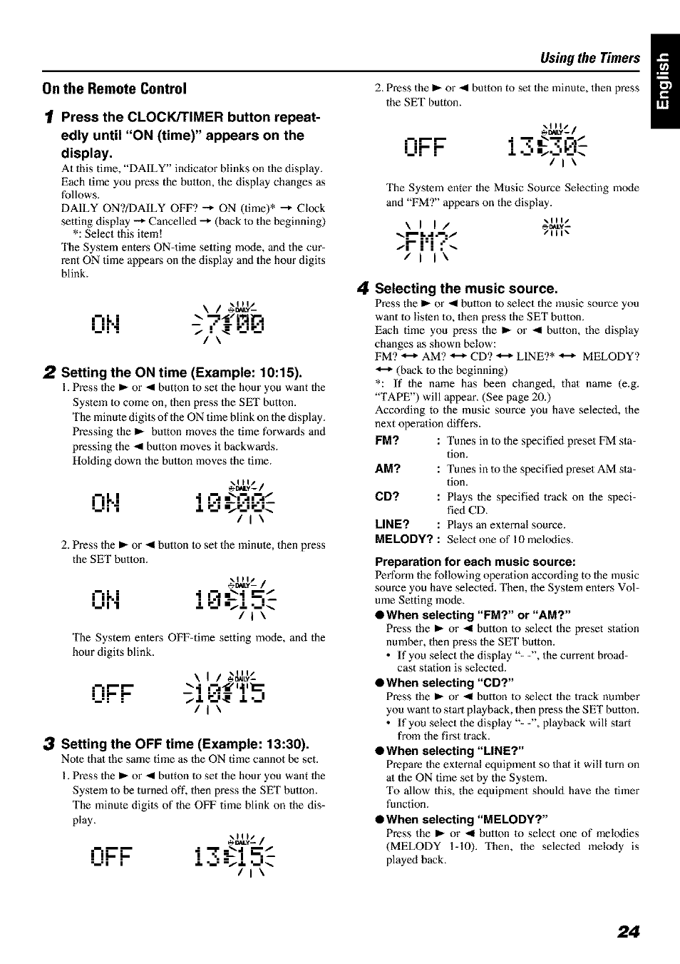 On the remote control, Preparation for each music source, When selecting “fm?” or “am | When selecting “cd, When selecting “line, When selecting “melody, J r r 1 -j | JVC FS-X 3 User Manual | Page 27 / 33