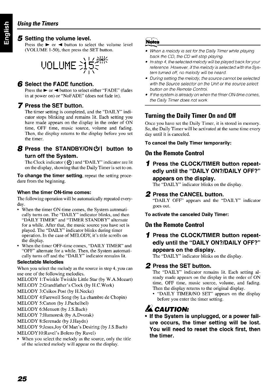When the timer on-time comes, Selectable melodies, Turning the daily timer on and off | On the remote control, Caution | JVC FS-X 3 User Manual | Page 28 / 33