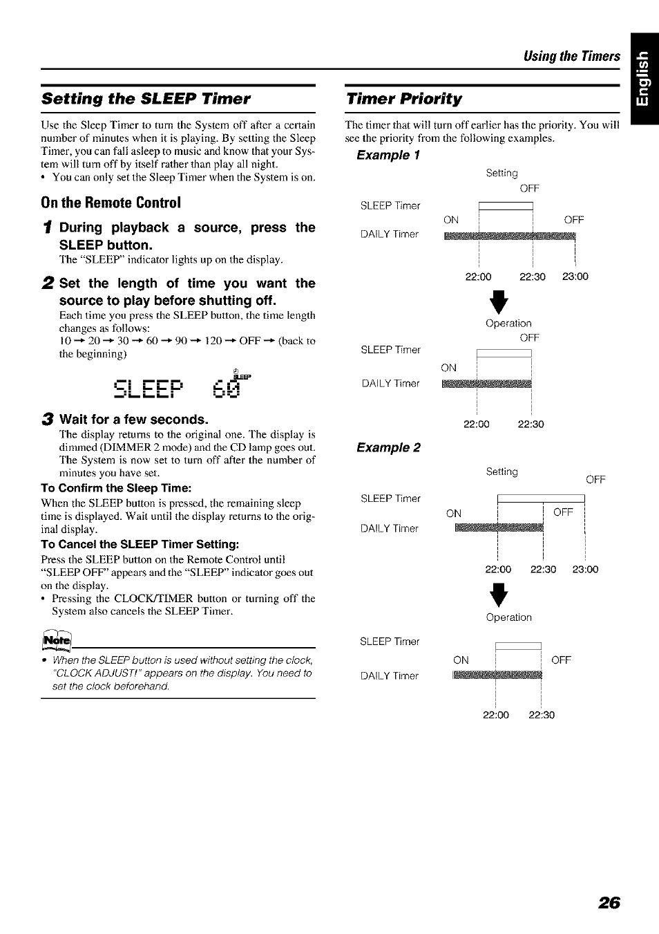 Setting the sleep timer, On the remote control, To confirm the sieep time | To cancel the sleep timer setting, Timer pi'iority, Timer priority | JVC FS-X 3 User Manual | Page 29 / 33