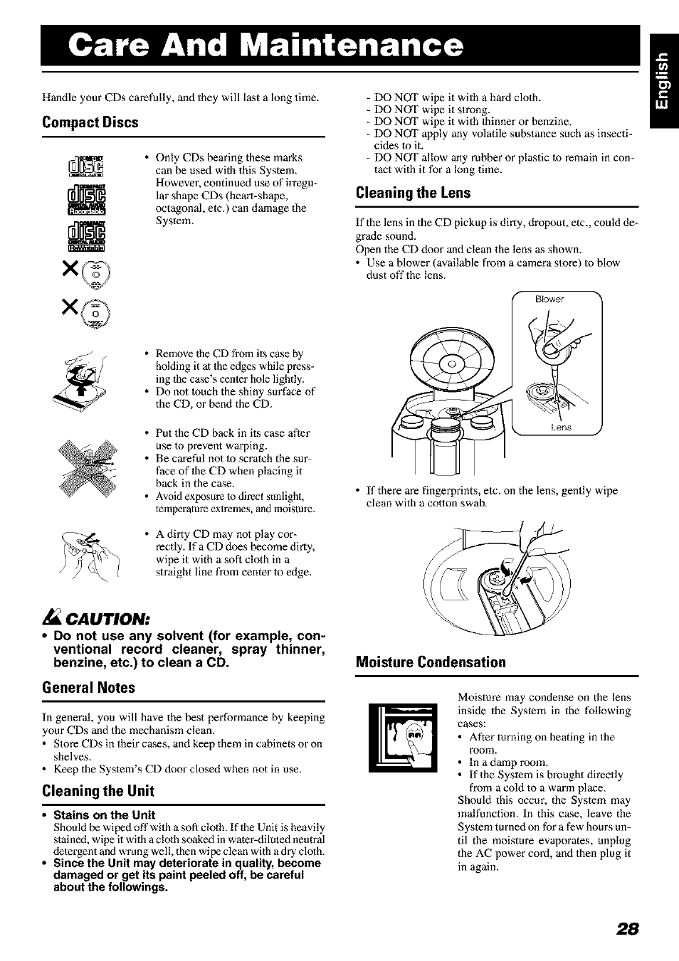 Care and maintenance, Compact discs, M caution | General notes, Cleaning the unit, Stains on the unit, Cleaning the lens, Moisture condensation | JVC FS-X 3 User Manual | Page 31 / 33