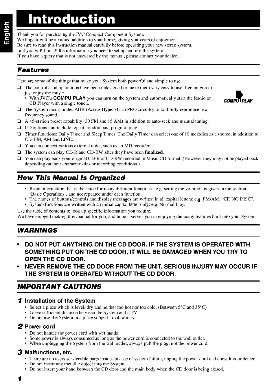 Introduction, Features, How this manual is organized | Warnings, Important cautions, Installation of the system | JVC FS-X 3 User Manual | Page 4 / 33