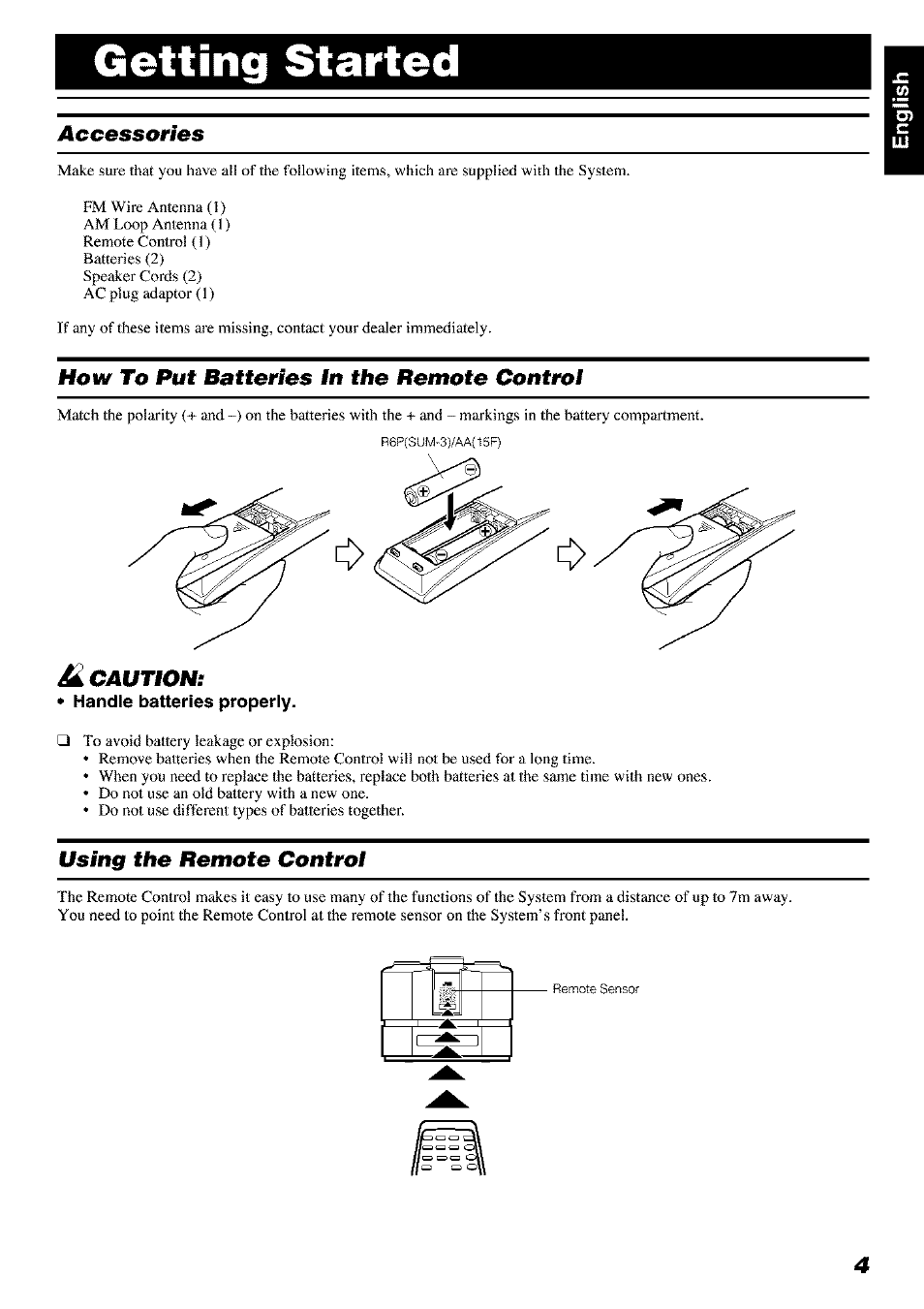 Getting started, Accessories, How to put batteries in the remote control | Caution, Using the remote control | JVC FS-X 3 User Manual | Page 7 / 33