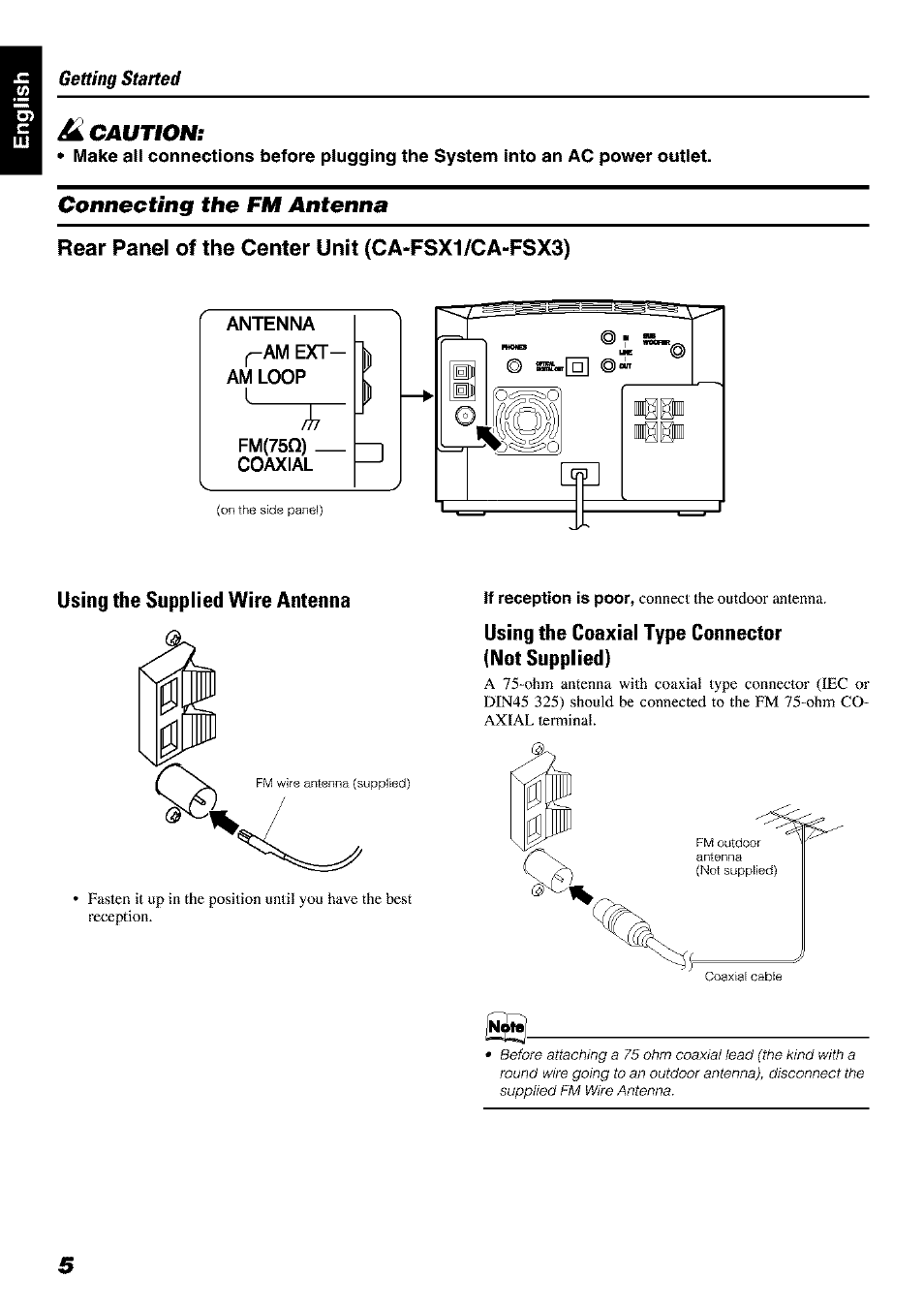 A caution, Connecting the fm antenna | JVC FS-X 3 User Manual | Page 8 / 33