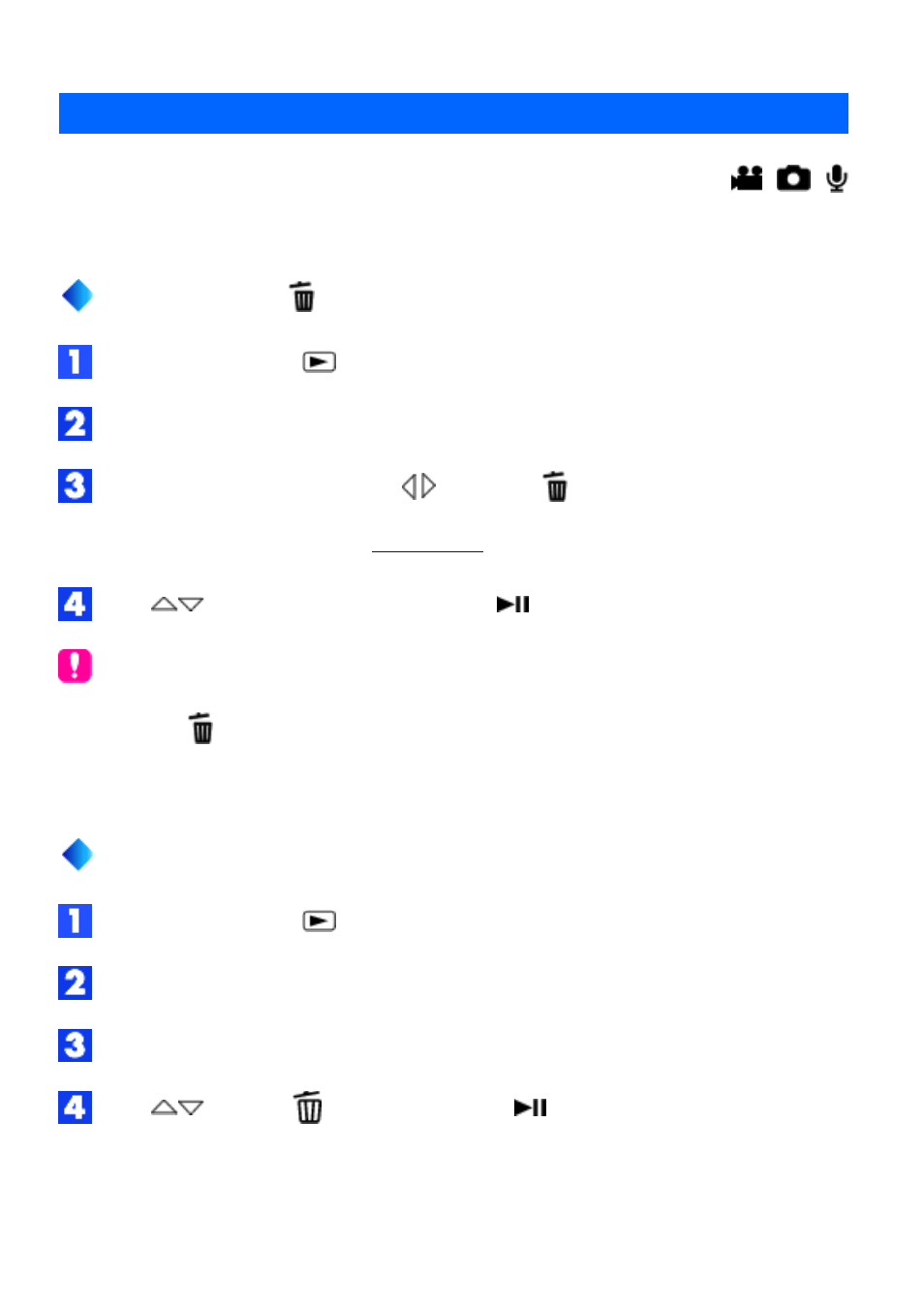 Deleting files, When, Deleting by the button | Deleting on the menu screen, Mode | JVC LYT1366-001A User Manual | Page 36 / 80