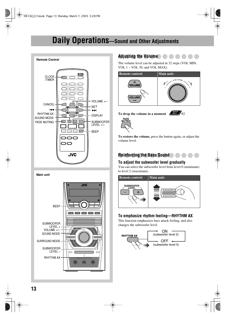 Daily operations-sound and other adjustments, Daily operations, Sound and other adjustments | Adjusting the volume, Reinforcing the bass sound | JVC CA-HXC6 User Manual | Page 16 / 28