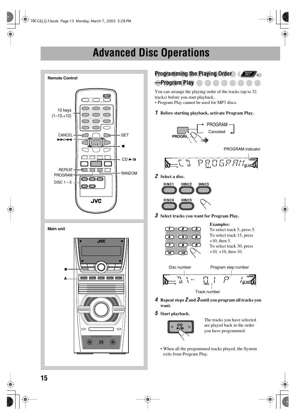 Advanced disc operations, Programming the playing order —program play | JVC CA-HXC6 User Manual | Page 18 / 28