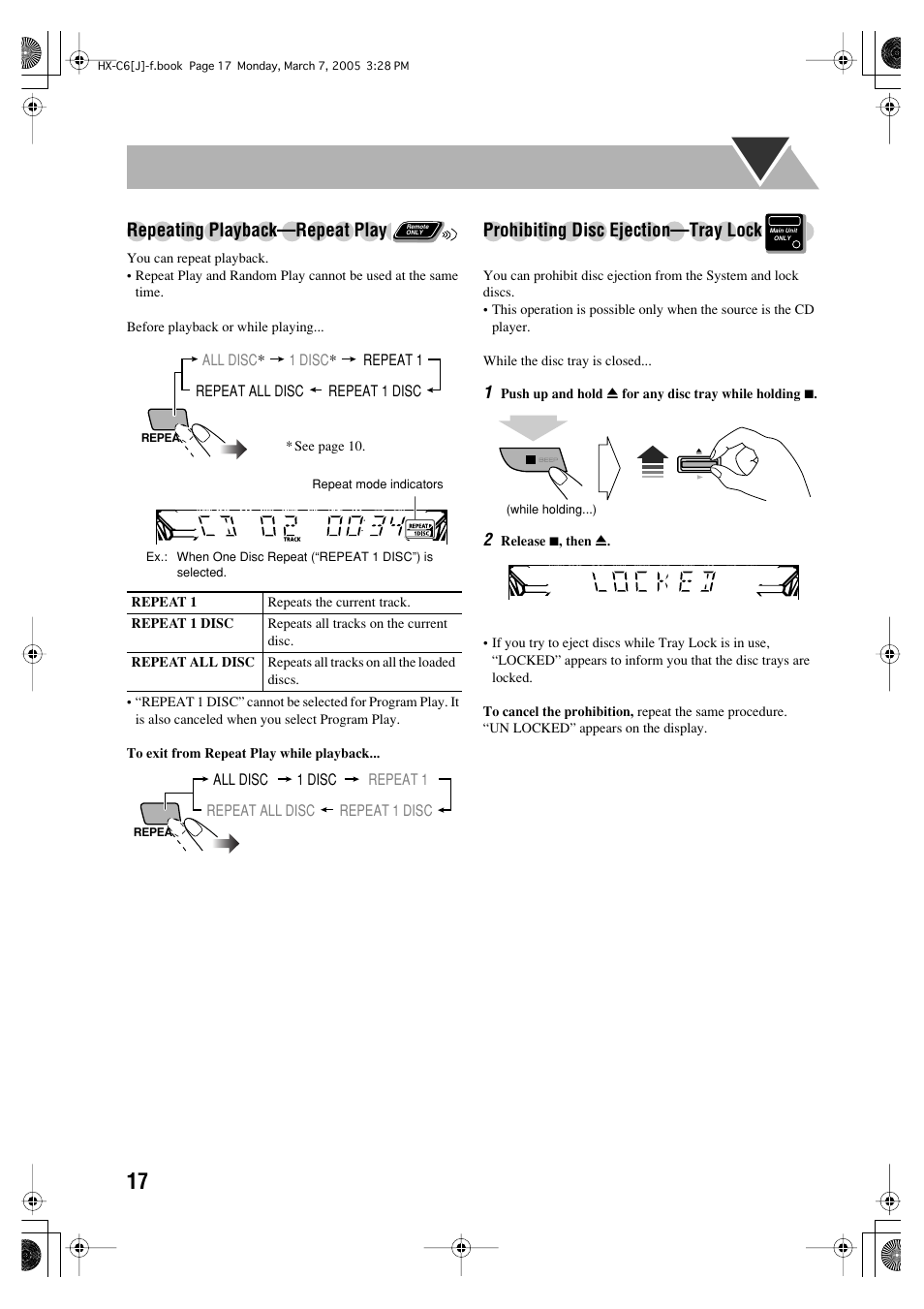 Repeating playback—repeat play, Prohibiting disc ejection—tray lock | JVC CA-HXC6 User Manual | Page 20 / 28